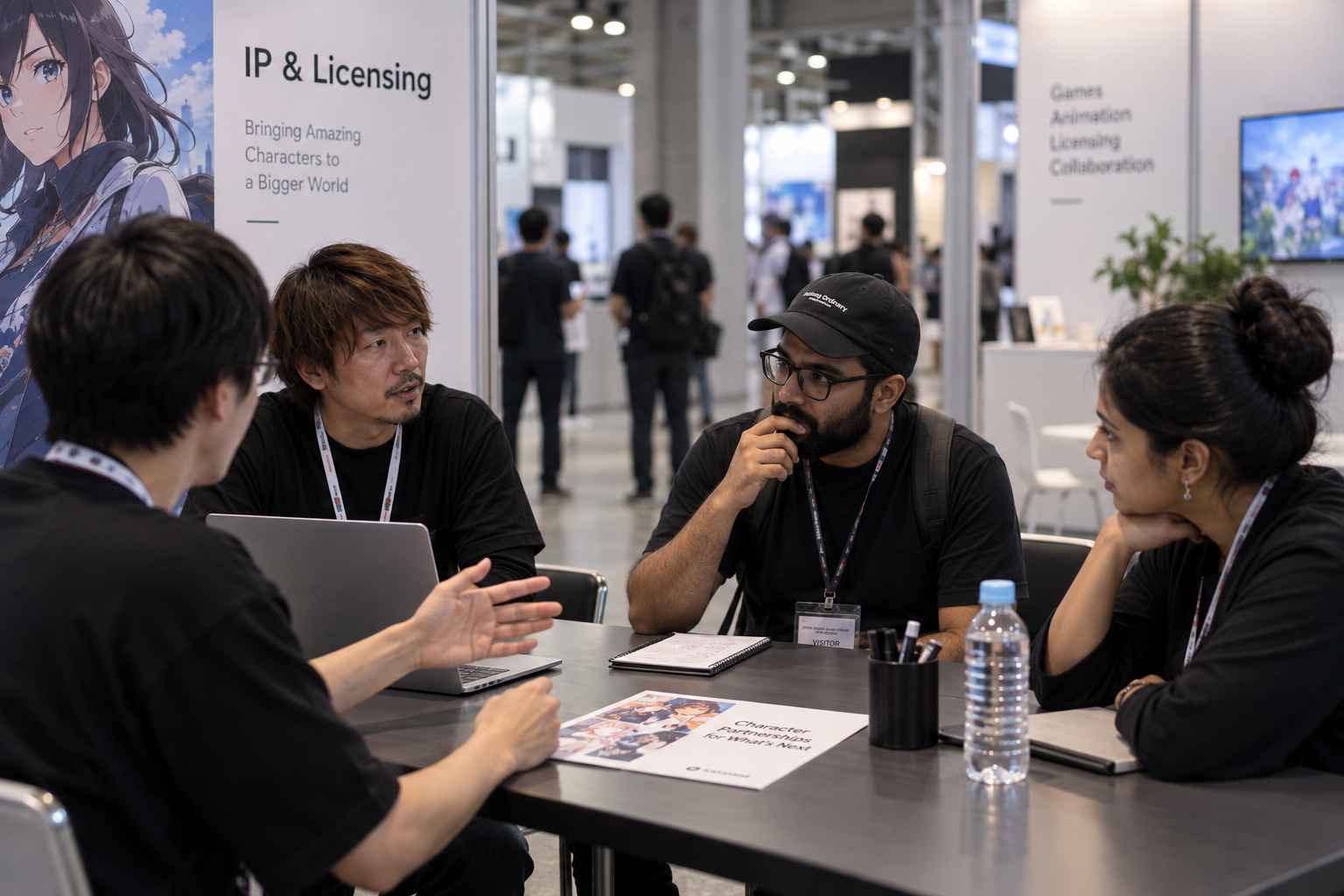 Team reviewing licensing materials around a table